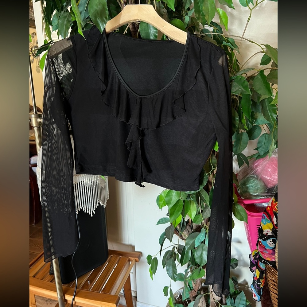 Black Long Sleeve Ruffled Crop Blouse
